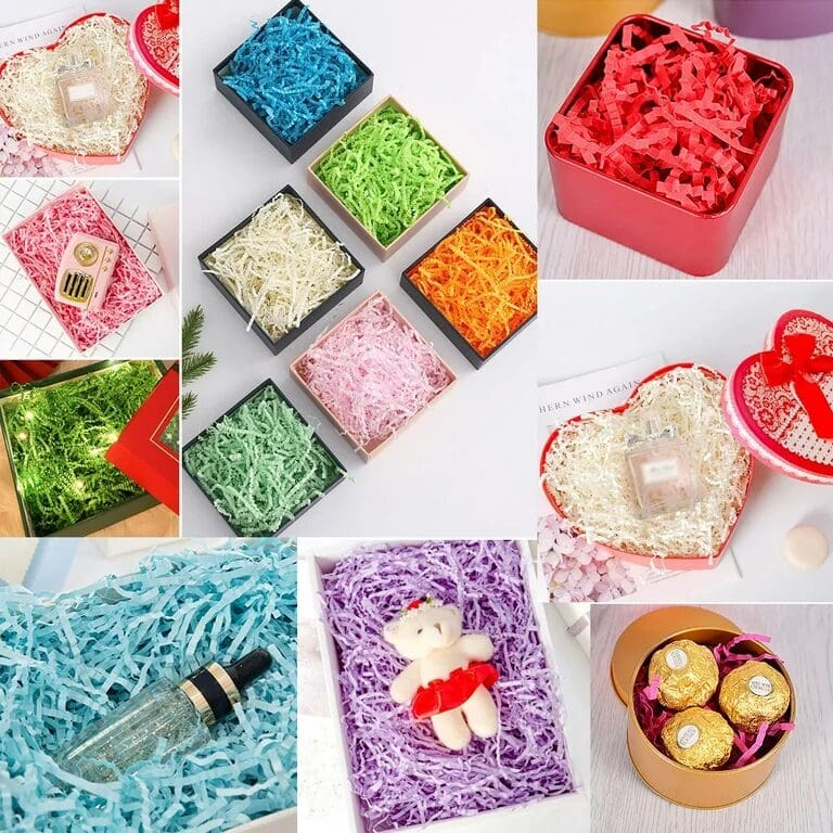 Shredded paper gift packaging